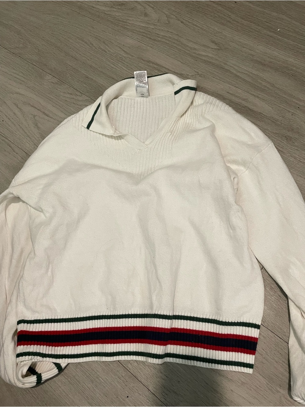 Nordstrom White V-Neck Knit Sweater with Green and Red Stripe Trim